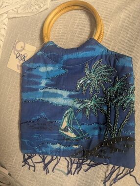 VINTAGE NWT Beaded Handbag with Wood Handles | Retro Earth Tone Seed Bead Satche